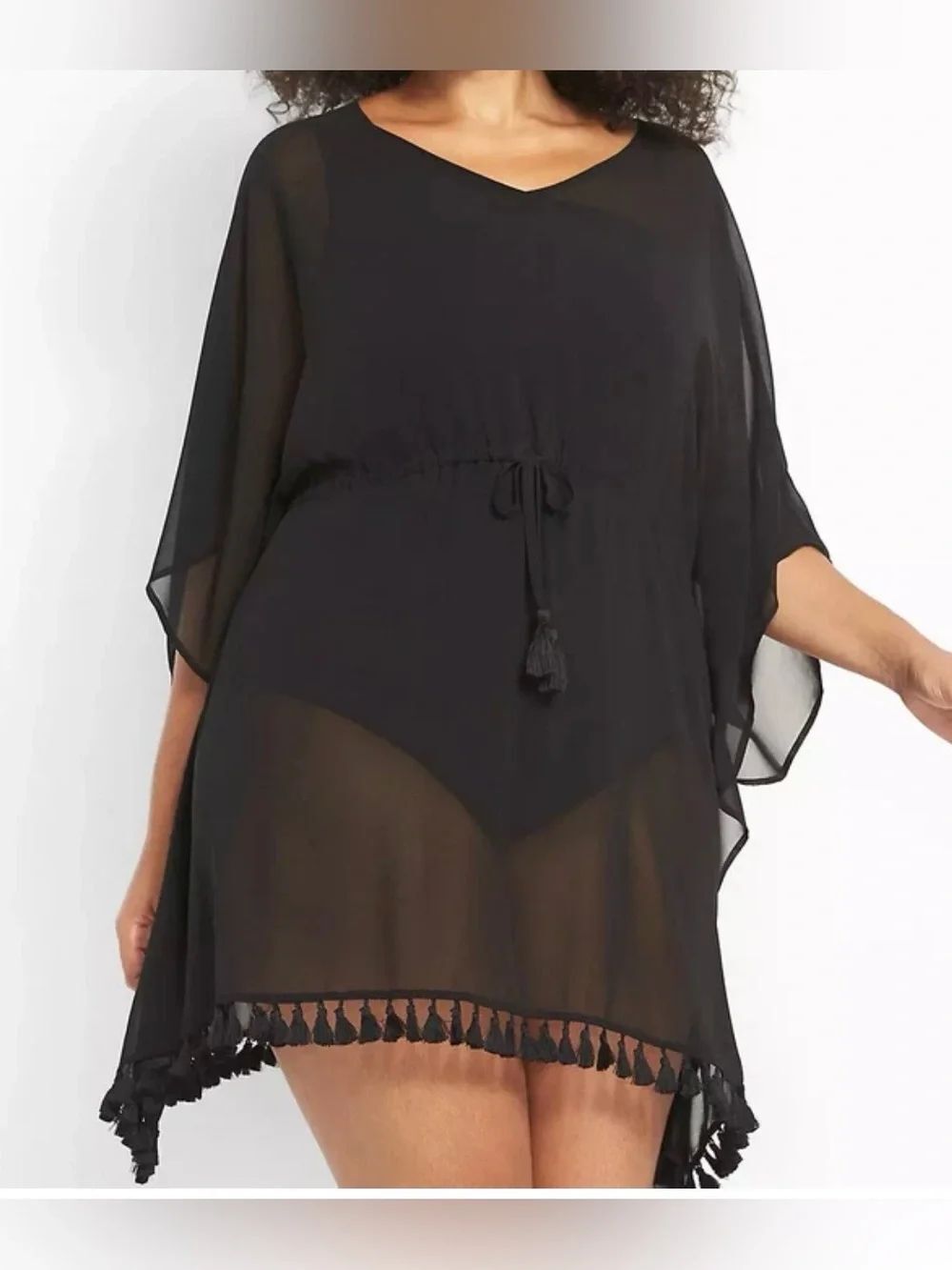 Lane Bryant Cacique Sheer Swim Cover Up with Fringe Tassel Detail Black Size 18